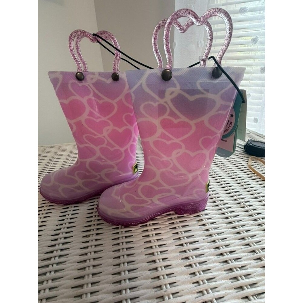 Western Chief Abby Pearlized Glitter Hearts Lighted Girls Boot Size 7 NWT